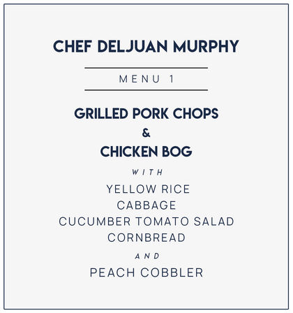 Minimalist menu board listing Southern-style comfort food: grilled pork chops & chicken bog with yellow rice, cabbage, cucumber-tomato salad, cornbread and peach cobbler on a clean white background.