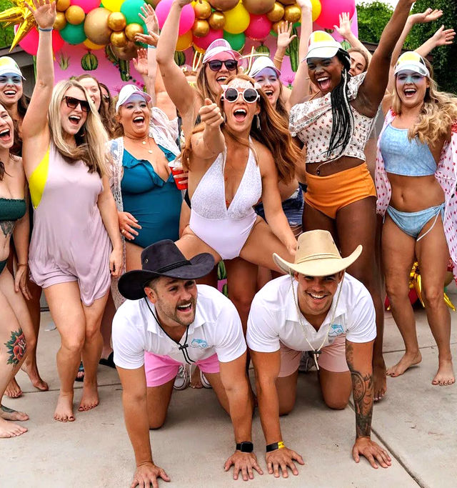 Backyard summer pool party with a large group of friends in colorful swimsuits and visors cheering under a pink, gold and green balloon arch; two men in cowboy hats crawling in front for a playful bachelorette-style celebration.