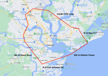 Map of Charleston, South Carolina with a red boundary highlighting the metro area around downtown, Mount Pleasant, Isle of Palms, Sullivan’s Island and James Island, annotated with directional labels and the I‑526 loop — concise geographic overview for local search.