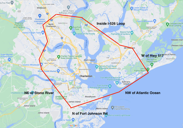 Map of Charleston, South Carolina with a red boundary highlighting the metro area around downtown, Mount Pleasant, Isle of Palms, Sullivan’s Island and James Island, annotated with directional labels and the I‑526 loop — concise geographic overview for local search.