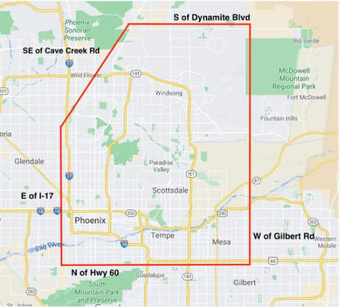 Map of the Phoenix metro with a red-outlined service area covering Scottsdale, Tempe and parts of Mesa; border labels: S of Dynamite Blvd, SE of Cave Creek Rd, E of I-17, W of Gilbert Rd, N of Hwy 60.