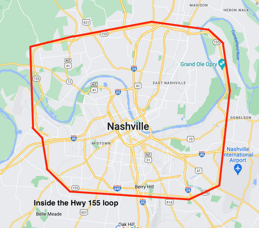 Map of Nashville, TN with the Hwy 155 loop outlined in red around the city, showing downtown, major interstates, the Cumberland River, and the airport east of downtown.