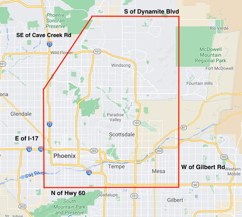 Map of the Phoenix metro with a red boundary highlighting Scottsdale, Tempe and Mesa suburbs, labeled S of Dynamite Blvd, SE of Cave Creek Rd, E of I-17, N of Hwy 60 and W of Gilbert Rd.