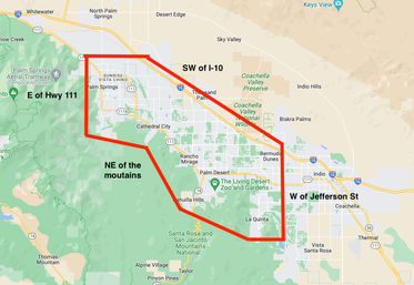 Map of Coachella Valley with a red polygon highlighting a service area across the Palm Springs metro, covering Palm Springs, Cathedral City, Rancho Mirage, Palm Desert and La Quinta; boundaries noted SW of I-10, E of Hwy 111, NE of the mountains and W of Jefferson Street.