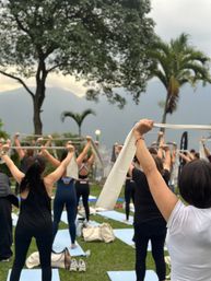 Group outdoor yoga/fitness class on mats in a grassy park, participants lifting stretch bands overhead with palm trees and misty mountains in the background.