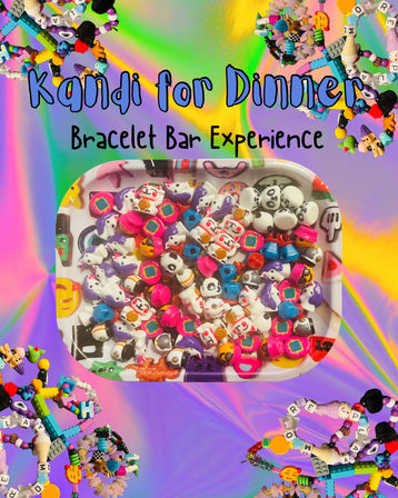 Close-up of a tray overflowing with colorful kawaii beads and charms—pandas, lucky cats, stars and neon spacers—for DIY kandi bracelet making on a holographic rainbow background, with finished beaded bracelets framing the scene.
