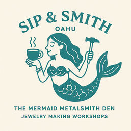 Teal retro logo of a mermaid holding a steaming coffee cup and a jeweler’s hammer, island-style illustration with “Oahu” text suggesting jewelry-making workshops
