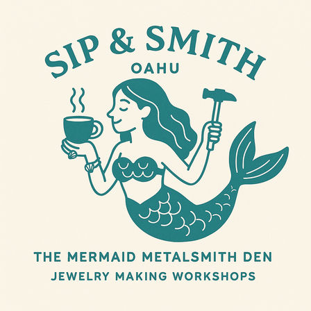 Teal retro logo of a mermaid holding a steaming coffee cup and a jeweler’s hammer, island-style illustration with “Oahu” text suggesting jewelry-making workshops