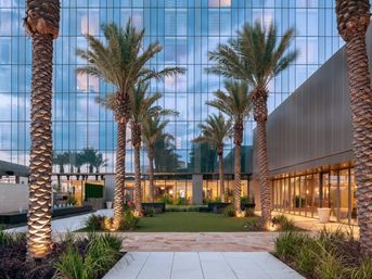 Twilight urban courtyard with illuminated palm trees, manicured lawn and paved walkway in front of a reflective glass high-rise and modern glass-fronted lobby