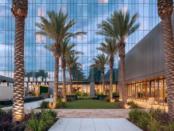 Twilight urban courtyard with illuminated palm trees, manicured lawn and paved walkway in front of a reflective glass high-rise and modern glass-fronted lobby