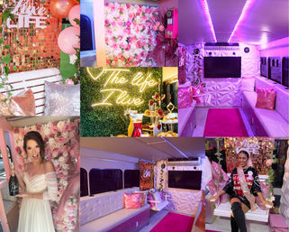 Collage of a pink luxury party bus interior set for a bachelorette celebration: floral photo wall, neon "The life I live" sign, sequin pillows, pink LED lighting, TV, champagne and desserts, with guests posing and wearing sashes.