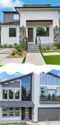 Split-screen of modern homes: top shows a white single-story with a front porch, flowering vines, steps and manicured lawn; bottom shows a contemporary two-story house with large glass windows, balcony and two-car garage.