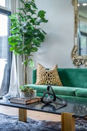 Chic modern living room: emerald green velvet sofa with leopard-print pillow, black marble coffee table with abstract sculpture, glass bowl of moss and a design book, and a tall fiddle leaf fig by the window.
