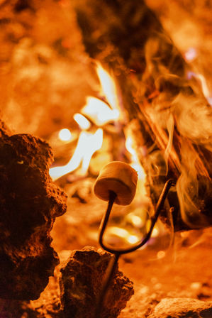 Close-up of a marshmallow skewered on a two-pronged roasting fork over a glowing campfire, golden flames and swirling smoke.