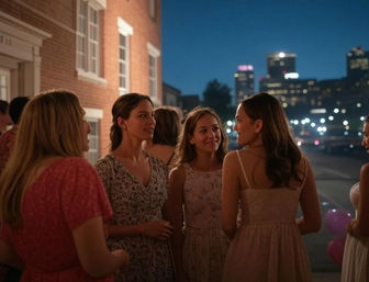 Group of young women in summer dresses chatting outside a brick building at dusk with a city skyline and twinkling lights in the background — urban evening gathering.