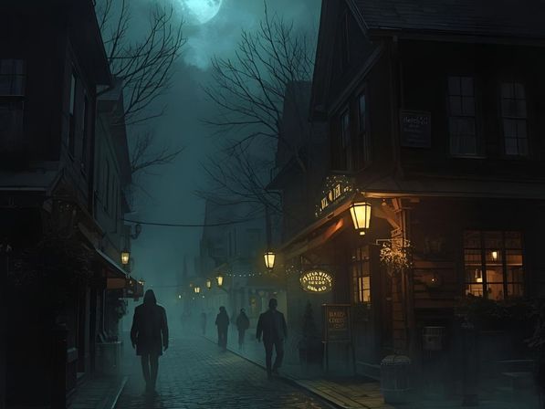 Foggy moonlit cobblestone street in a historic town at night, a moody, mysterious scene of warm lantern-lit storefronts and shadowy pedestrians in the mist