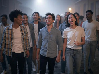 Diverse group of young adults walking down a misty urban street at night, laughing and smiling together in casual clothes