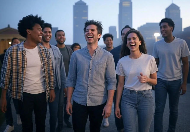 Diverse group of young adults walking and laughing together in an urban setting at dusk with a city skyline in the background