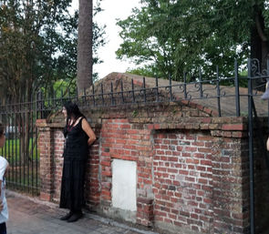 Person in a black dress leaning against a historic red brick wall topped with decorative wrought-iron fencing, with trees and a park pathway in the background