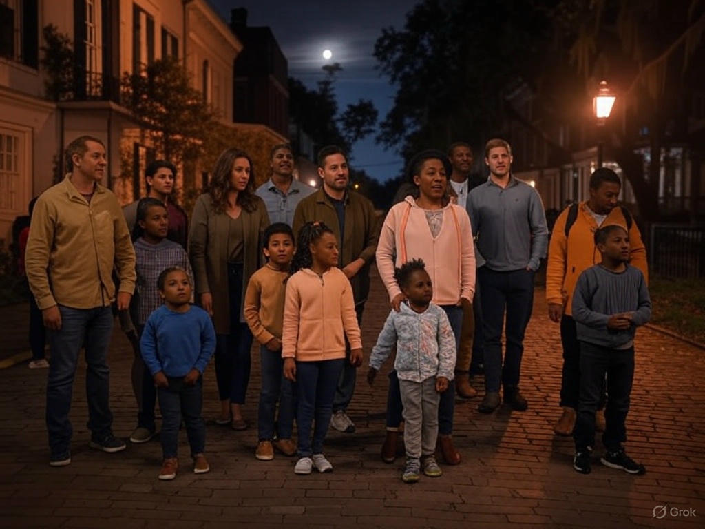 Diverse group of adults and children gathered on a moonlit historic brick street under a warm streetlamp, gazing upward in a quiet neighborhood evening.