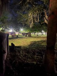 Moody nighttime cemetery with old gravestones on a grassy lawn, oak trees draped in Spanish moss, and soft park lights framing the scene.