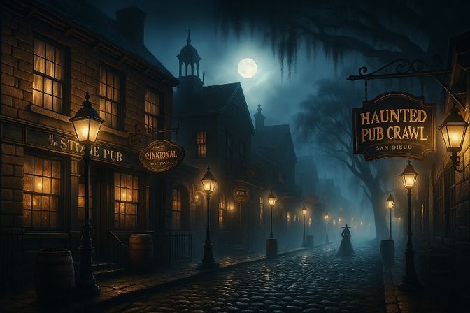 Foggy moonlit Victorian cobblestone street lined with warm-lit pubs and gas lamps, a hanging "Haunted Pub Crawl" sign and a lone silhouetted figure.