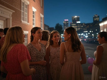 Group of young women in pastel dresses chatting outside a brick building at twilight, with city skyline lights and party balloons glowing in the background