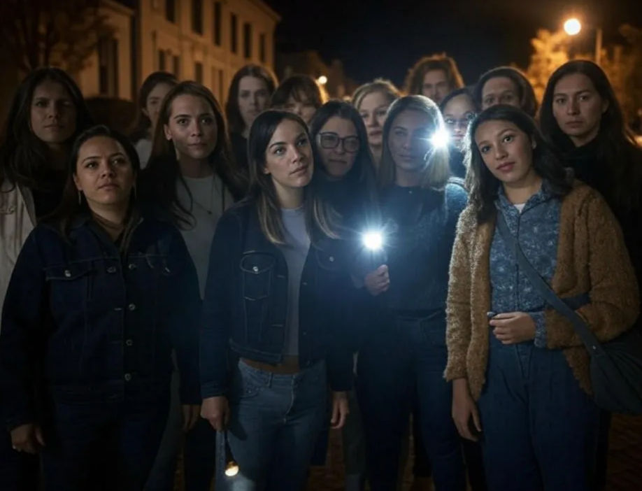 Group of women standing on a dim residential street at night, several holding flashlights and phone lights that illuminate their faces