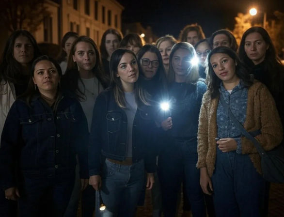 Group of women standing on a dim residential street at night, several holding flashlights and phone lights that illuminate their faces