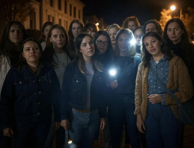 Group of women standing on a dim residential street at night, several holding flashlights and phone lights that illuminate their faces