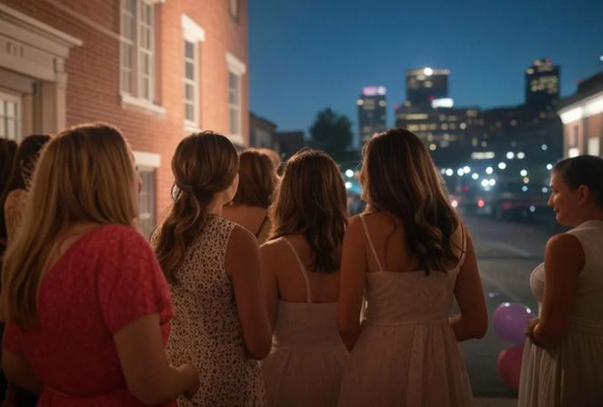 Group of friends in summer dresses standing on a downtown street at dusk, facing a lit city skyline with bokeh streetlights and balloons.
