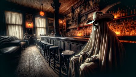 Cinematic vintage Western saloon interior with a draped skeleton cowboy in a hat seated at the wooden bar, moody amber lighting, rows of bottles and empty stools