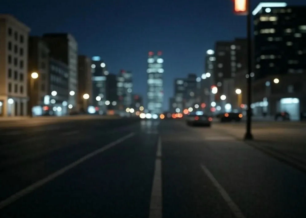 Blurry downtown city street at night — empty asphalt avenue leading toward illuminated skyscrapers with warm bokeh streetlights