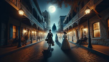 Moonlit Victorian cobblestone street with gas lamps and balconies, a top‑hatted man and crinoline‑clad woman passing glowing cloaked ghosts under a full moon.