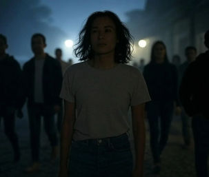 Cinematic night scene of a woman with shoulder-length dark hair in a grey T‑shirt and jeans walking toward the camera, surrounded by a shadowy group on a foggy, dimly lit urban street with glowing streetlights in the background.