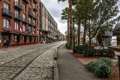 Cobblestone street with tram rails curving past red-brick buildings flying flags, with palm trees and a tree-lined waterfront promenade and pedestrians under an overcast sky