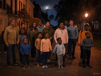 Diverse group of adults and children gathered on a moonlit cobblestone neighborhood street at night, illuminated by a warm lamppost as they look up together.