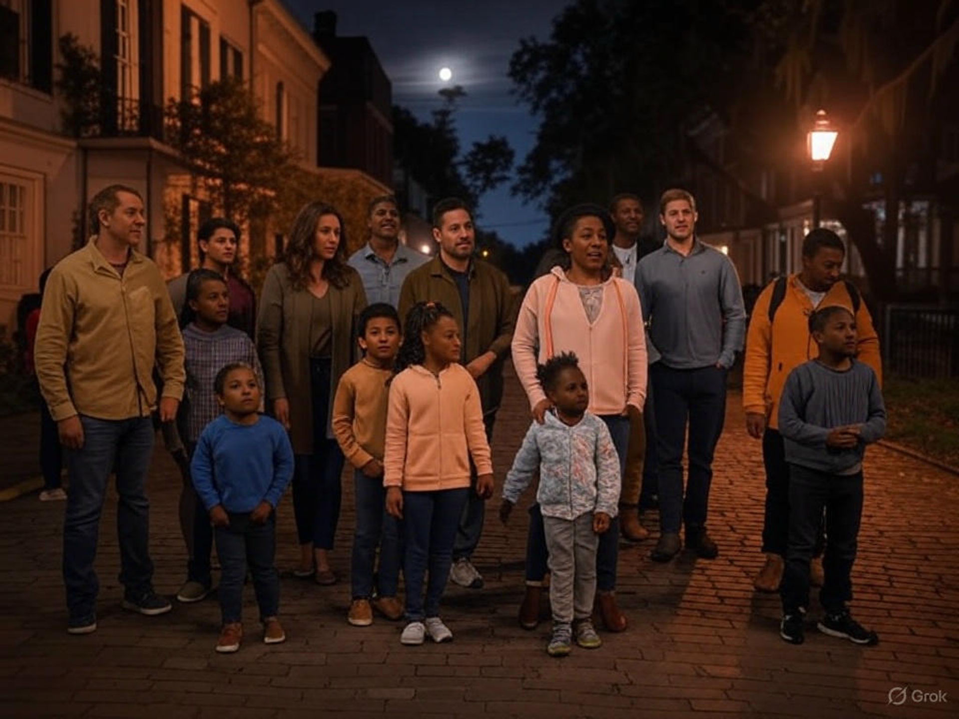 Multigenerational group of adults and children standing on a historic cobblestone street at night, looking up toward a full moon with warm streetlamp glow.