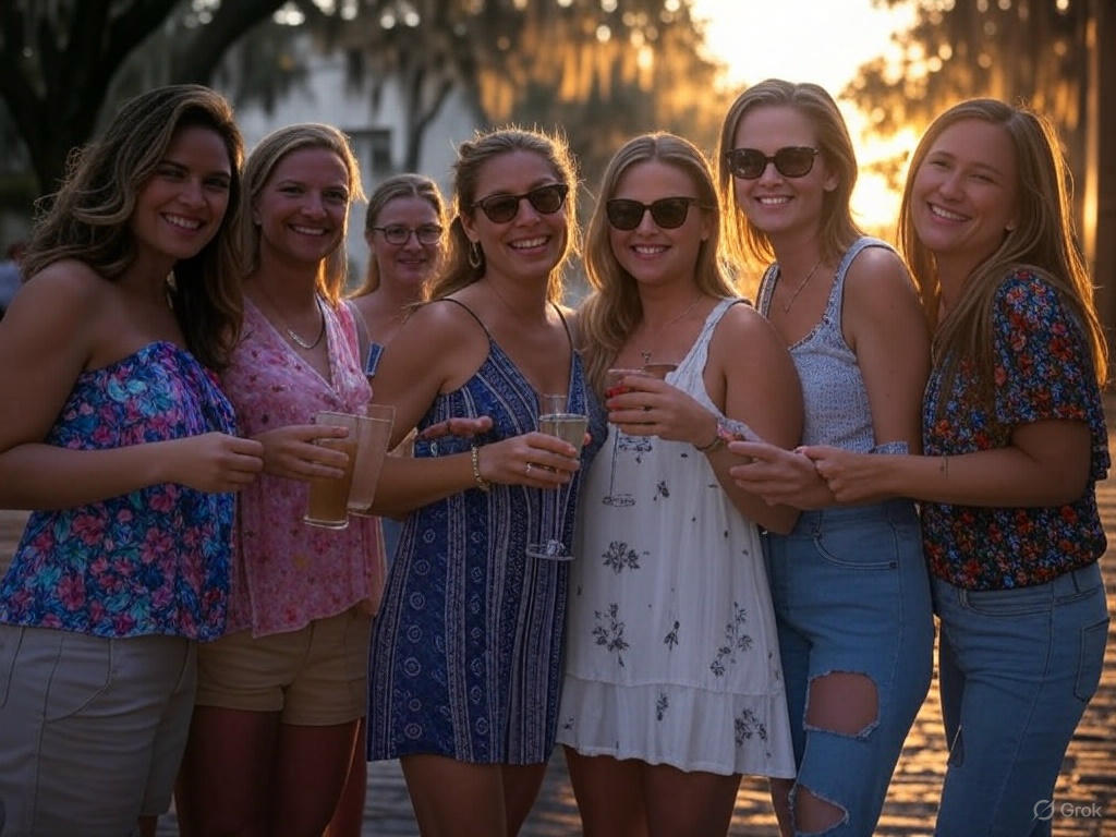 Seven friends in summer outfits and sunglasses smiling and holding drinks on a waterfront boardwalk at golden sunset