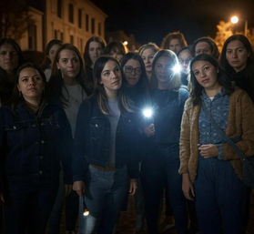 Group of women gathered on a dim residential street at night, several holding flashlights that illuminate their faces and the foreground.