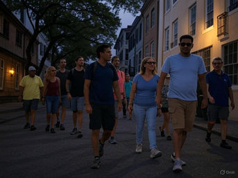 Group of adults walking on a tree-lined historic downtown street at dusk, a casual walking group in summer clothes and sneakers enjoying an evening stroll under warm streetlights.