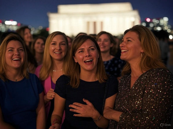 Group of smiling women enjoying an evening near the illuminated Lincoln Memorial in Washington, D.C., with city lights blurred in the night background.