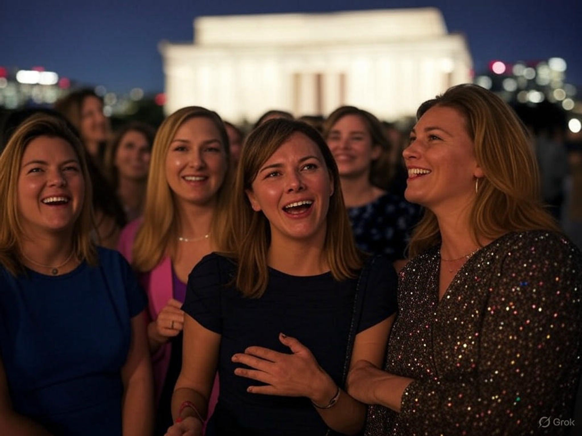 Group of smiling women enjoying a nighttime event with the illuminated Lincoln Memorial and Washington, D.C. skyline blurred in the background