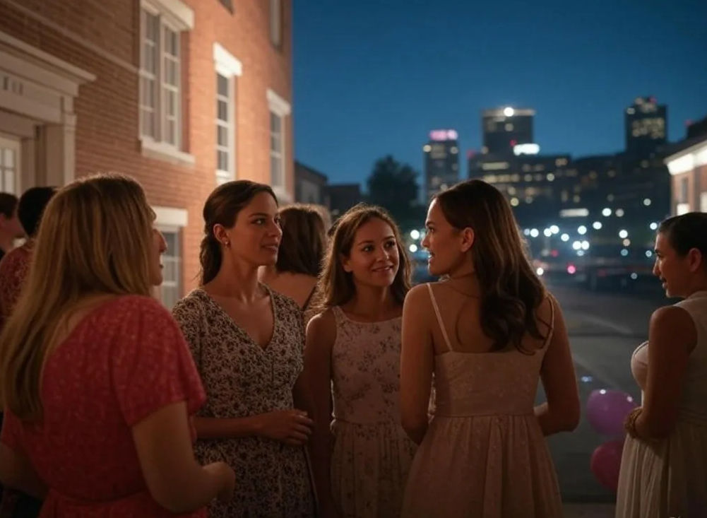 Group of young women in summer dresses chatting outside a brick building at an evening outdoor party with city skyline lights and pink balloons in the background.