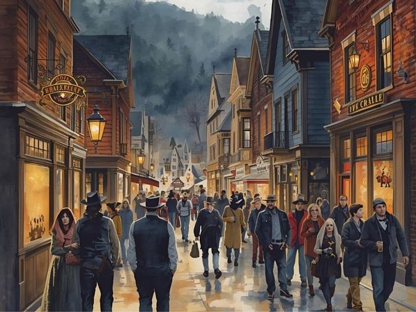 Charming alpine village street at dusk with pedestrians in coats and hats strolling past warm-lit shopfronts and lanterns, wet reflective pavement, timber buildings and misty forested hills beyond.