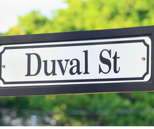 Black-and-white street sign reading 'Duval St' against blurred green foliage — Duval Street, Key West, Florida.
