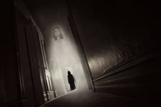 Eerie silhouette in a tilted dim hallway approaching a large glowing ghostly female apparition looming at the corridor's end