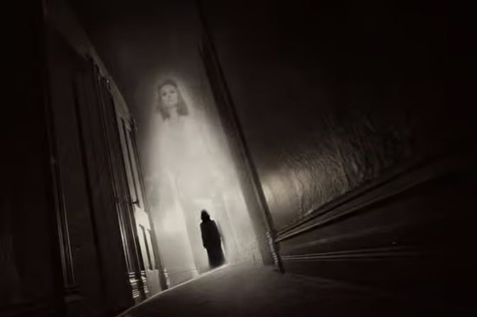 Eerie silhouette in a tilted dim hallway approaching a large glowing ghostly female apparition looming at the corridor's end