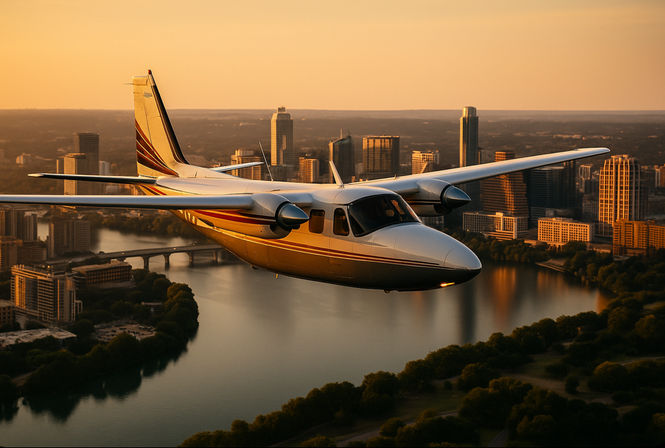 Aerial view of a white-and-gold twin-engine propeller plane flying over a river and downtown skyline at golden hour, warm sunset light reflecting on buildings and water