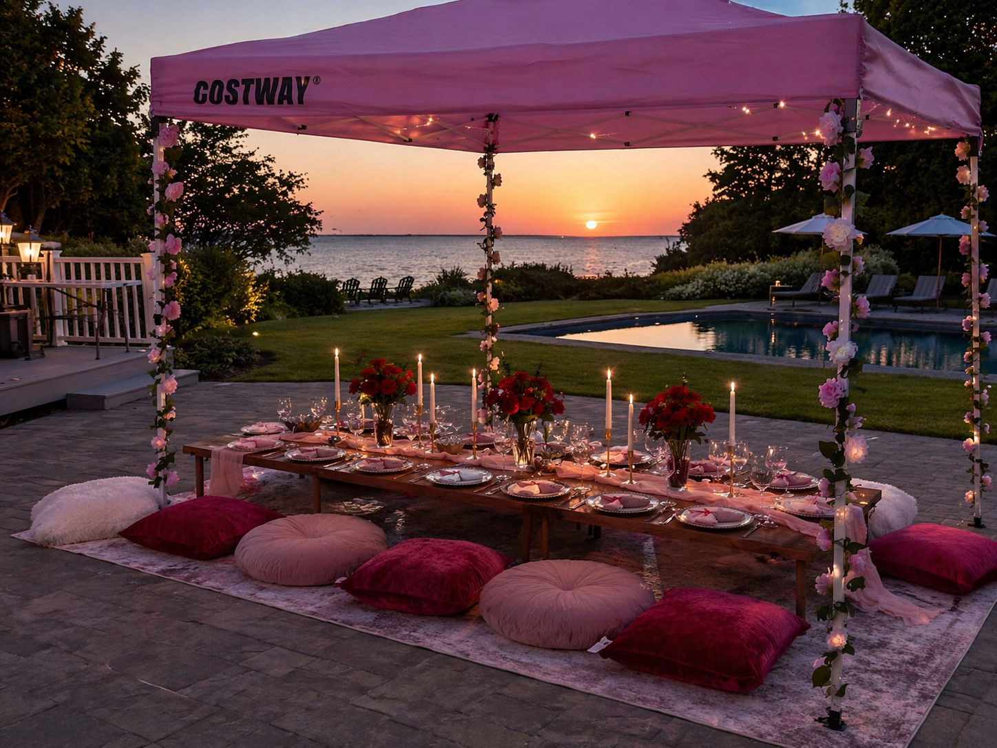 Romantic waterfront sunset dinner under a pink canopy with a low wooden table, velvet floor cushions, taper candles, red floral centerpieces and a poolside ocean view.